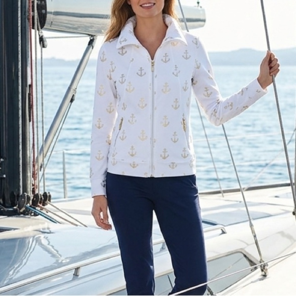 Onque Petite Nautical White Zip Jacket Gold Anchor Print Zipper Pull PS Small